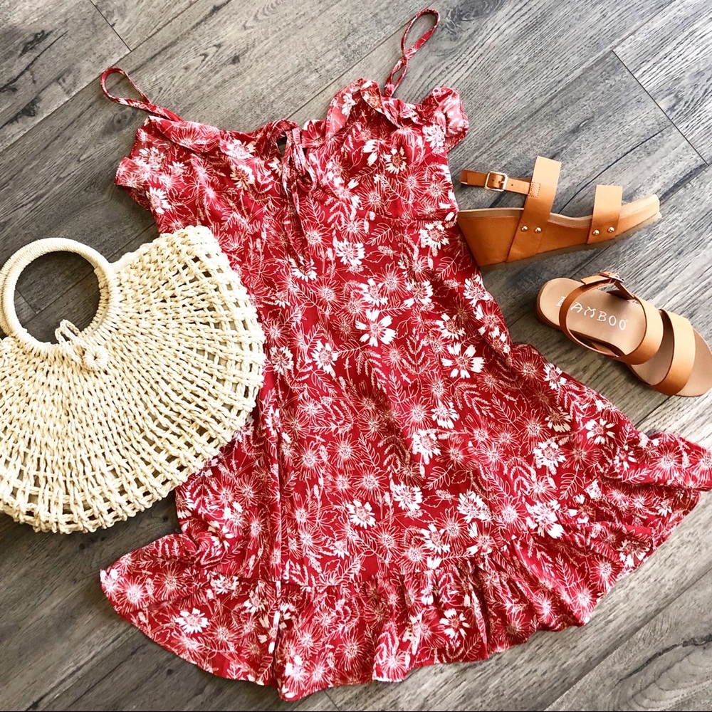 Brick Floral Print Ruffle Dress